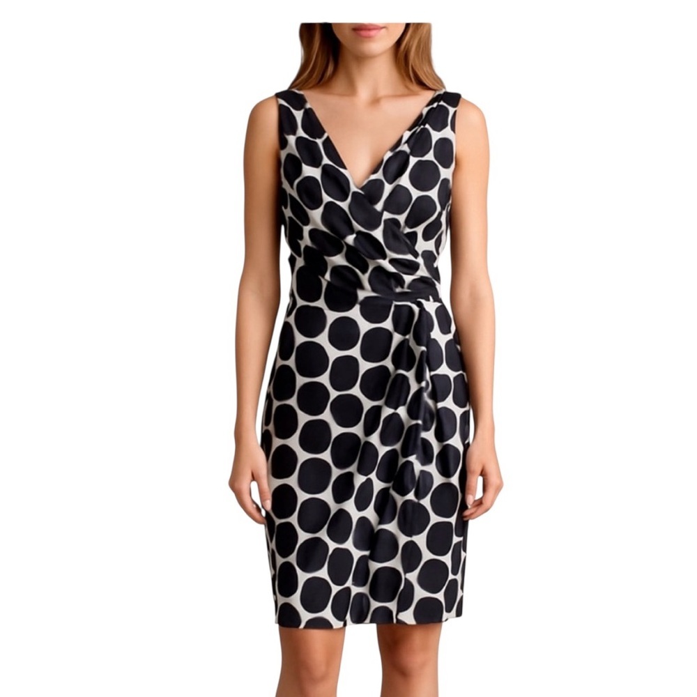 Cleo Black and White Polka Dot wrap Dress, Sz 2, V/neck & back, lined, like new